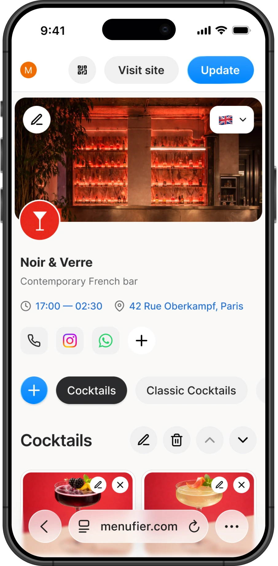 The dashboard on a phone: the venue's cover photo and logo, its name, hours, address and contact links, a row of menu categories, and the cocktails section with edit, delete and reorder controls next to it