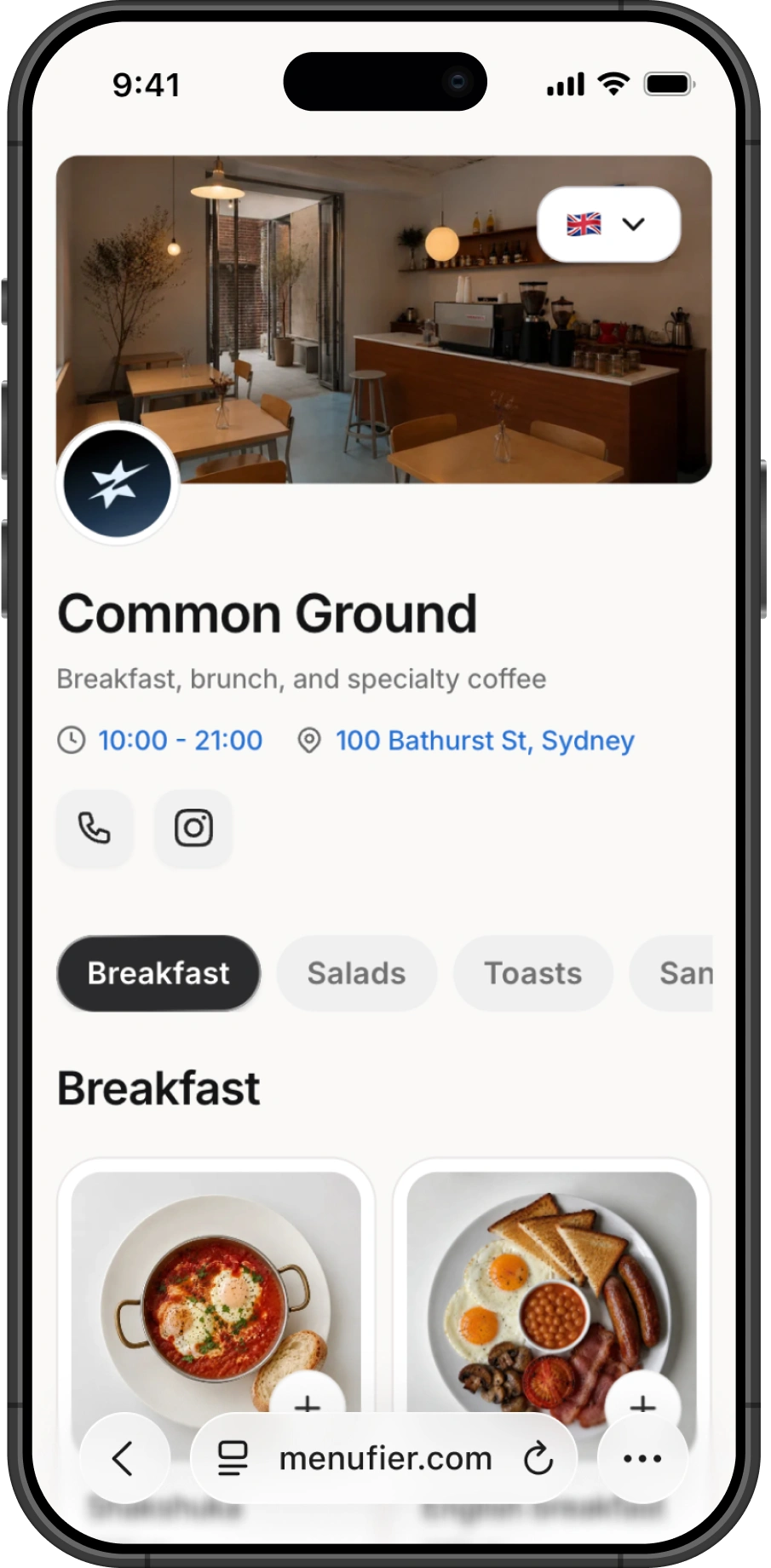 The published menu as a guest sees it: the café's photo and logo, its name, hours and address, a row of categories, and the breakfast dishes below