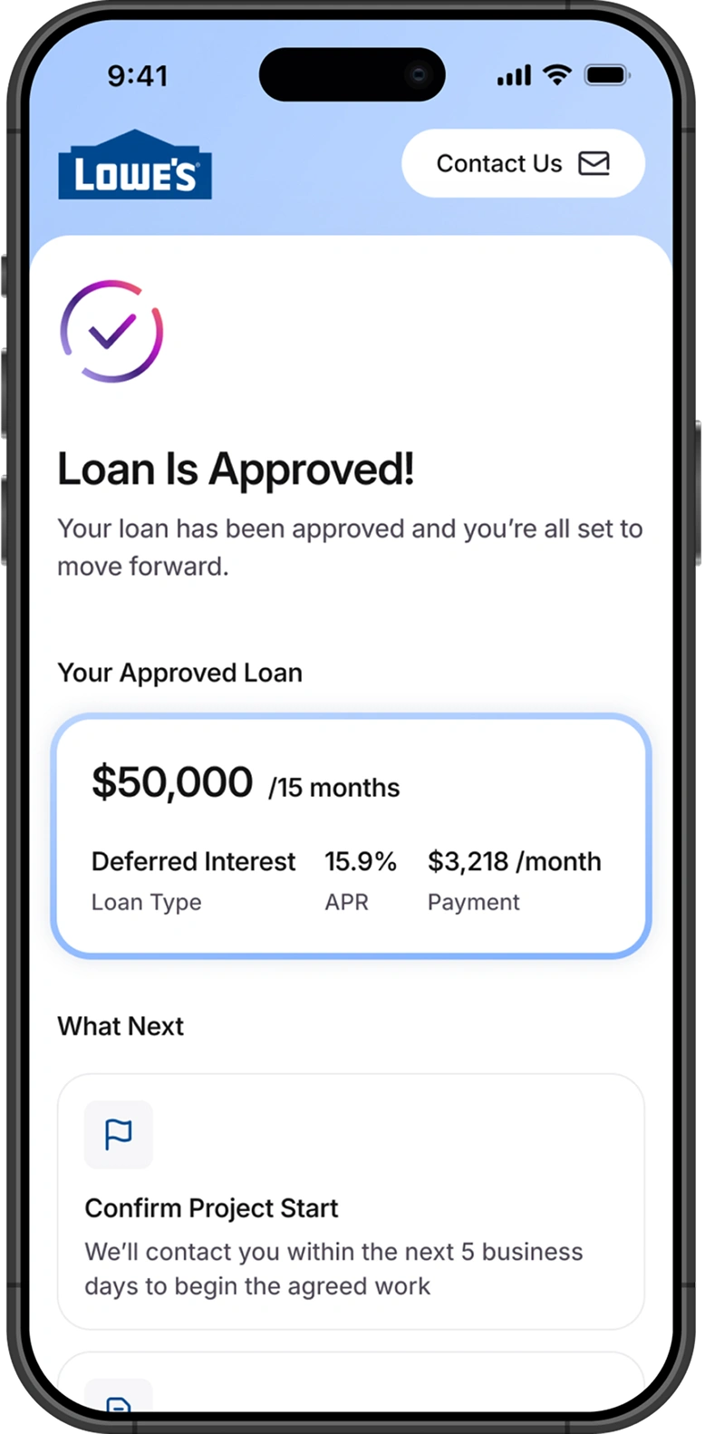 The closing screen: a check mark, the heading “Loan Is Approved!” and a card with the approved $50,000 over 15 months, the APR and the monthly payment