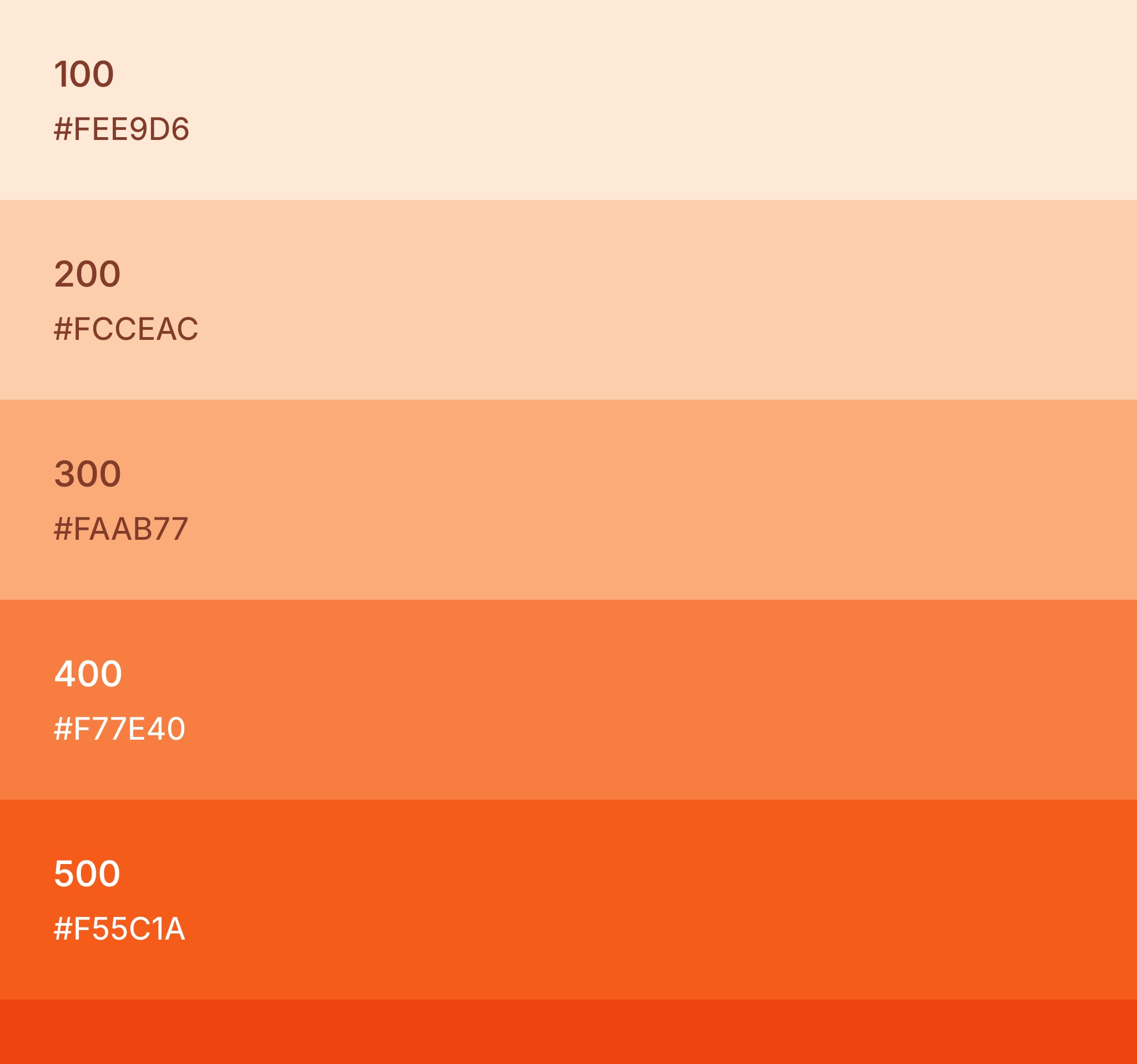 Shades generated from a single orange, stacked from lightest to darkest and labelled 100 to 500 with their hex values