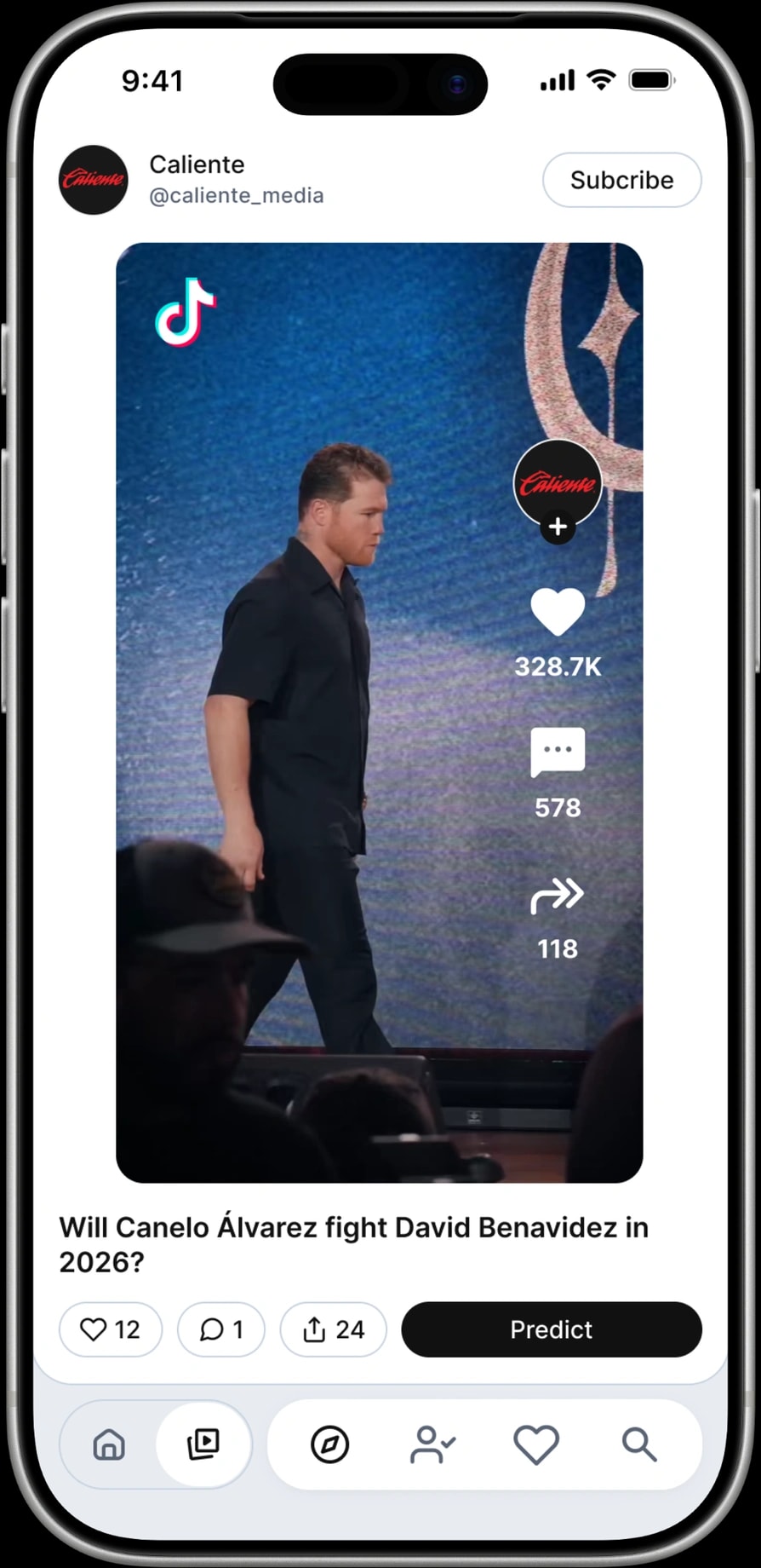 The Feed: a vertical video from a media account with like, comment and share counts, the market question “Will Canelo Álvarez fight David Benavidez in 2026?” under it and a Predict button
